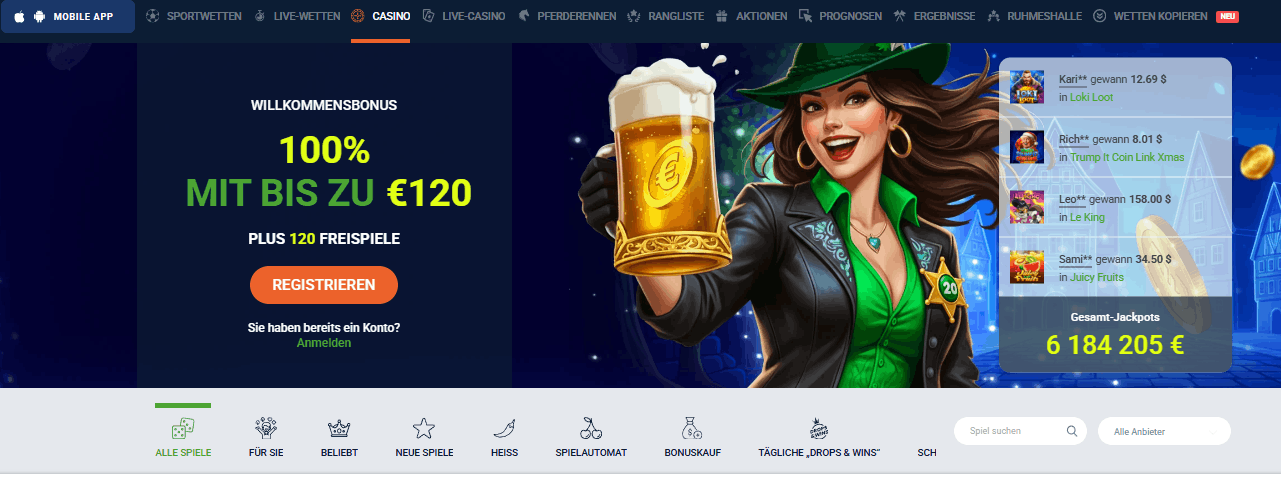 20bet Casino Bonus – 100% bis 120€ + 120 Freispiele